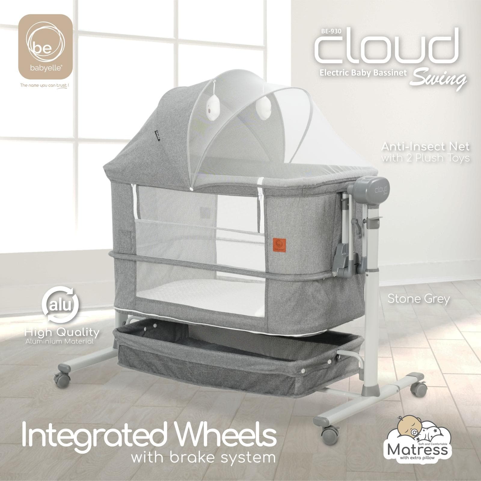 Babyelle Cloud Swing Bedside Crib Box Bayi – Grey
