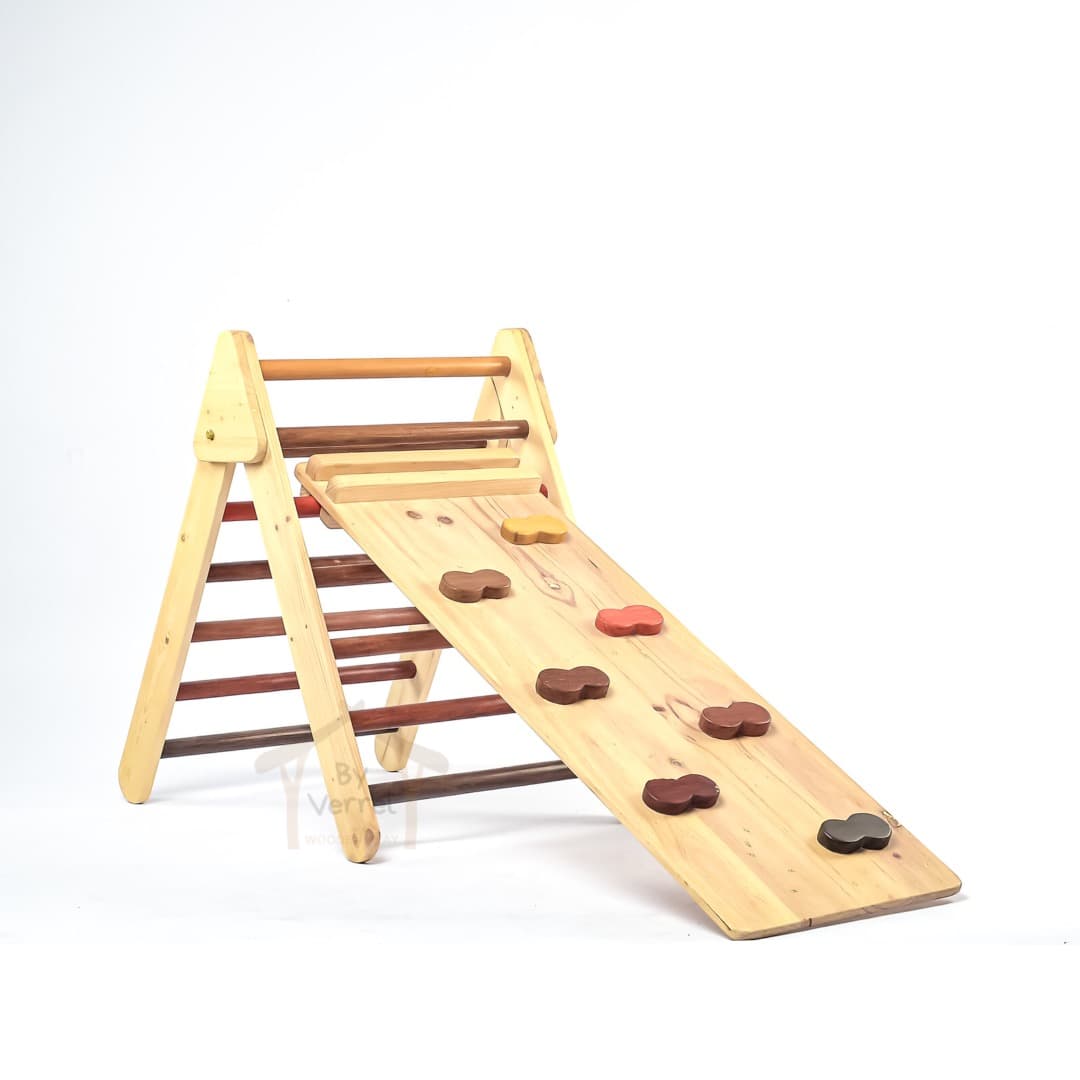 Pikler Triangle With Slide & Rock Climbing – Earth Tone
